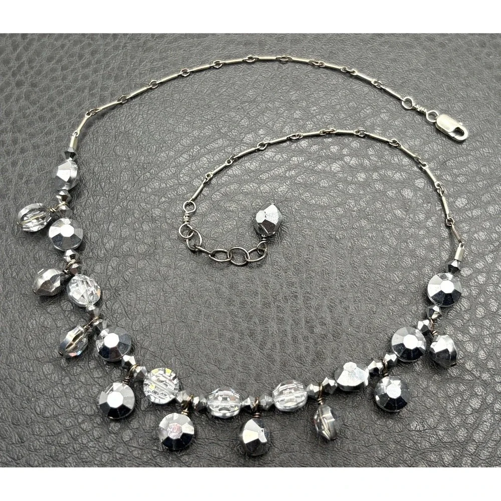 Sterling Silver Artisan Faceted Grey Crystal Bead Dangle Choker Necklace 14-16